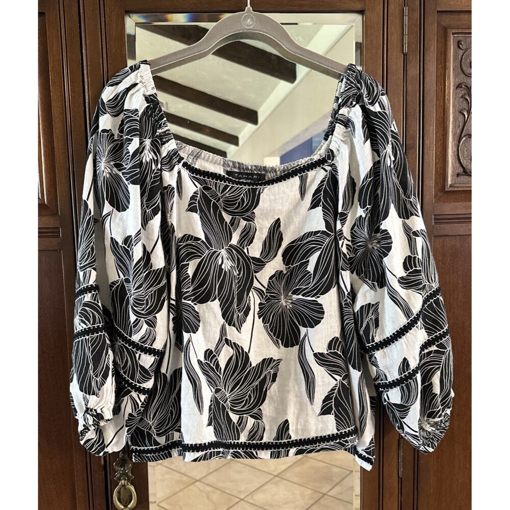 Tahari 100% Linen NWOT Black & White Balloon Sleeve Boxy Square Neck Size XL